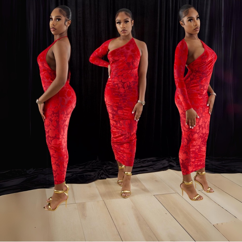 Red maxi dress one sleeve one shoulder velvet dress sheer size medium and large